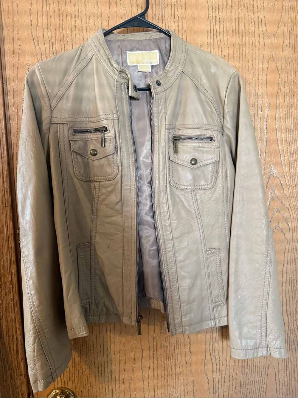 Michael - Michael Kors Women’s Taupe Leather Jacket - Classic Zip Front